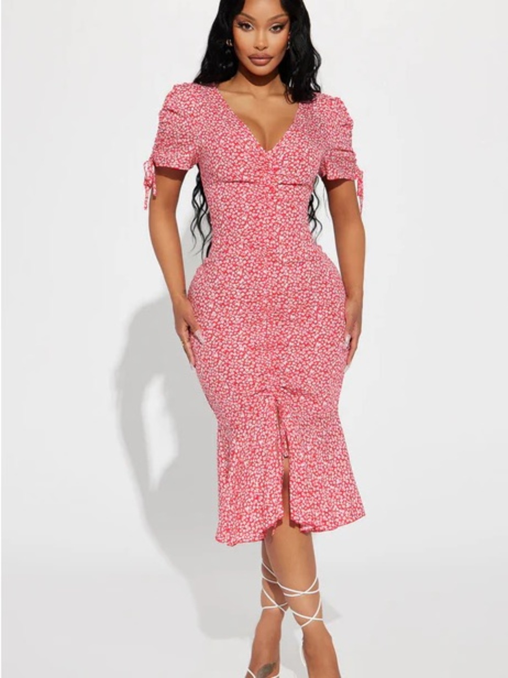 New Red Floral V-Neck Midi Dress with Front Slit